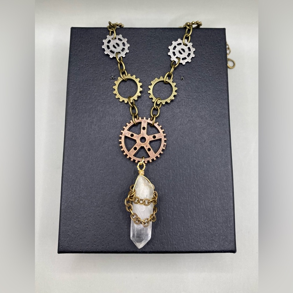 ⚙️⛓Steampunk Clear Quartz Mixed Metal Gear Necklace
